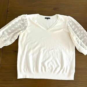 Adrianna Papell White Sweater with Sheer Sleeves